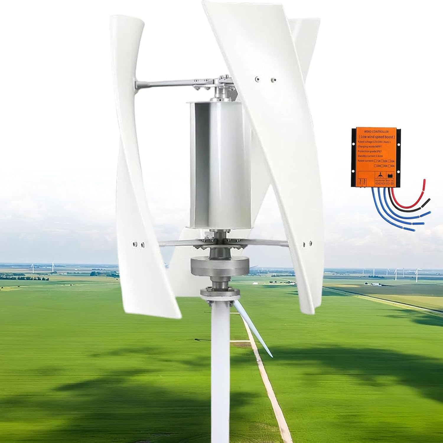2000W Vertical Axis Wind Turbine Generator,Permanent Magnet Generator with Intelligent Controller,Low Noise Helical Design Windmill for Home,Boats,Street Lighting 12V
