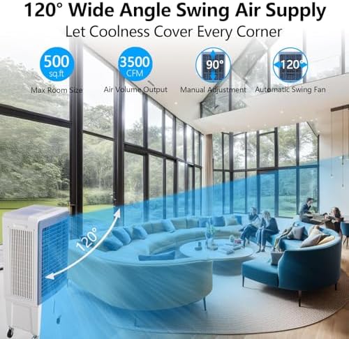 Evaporative Air Cooler, 3500CFM Portable Swamp Cooler with Remote Control & 12H Timer, 3 Cooling Modes & 3 Speeds, Includes 4 Ice Packs, 8.4 Gallon Water Tank, 4 Lockable Casters