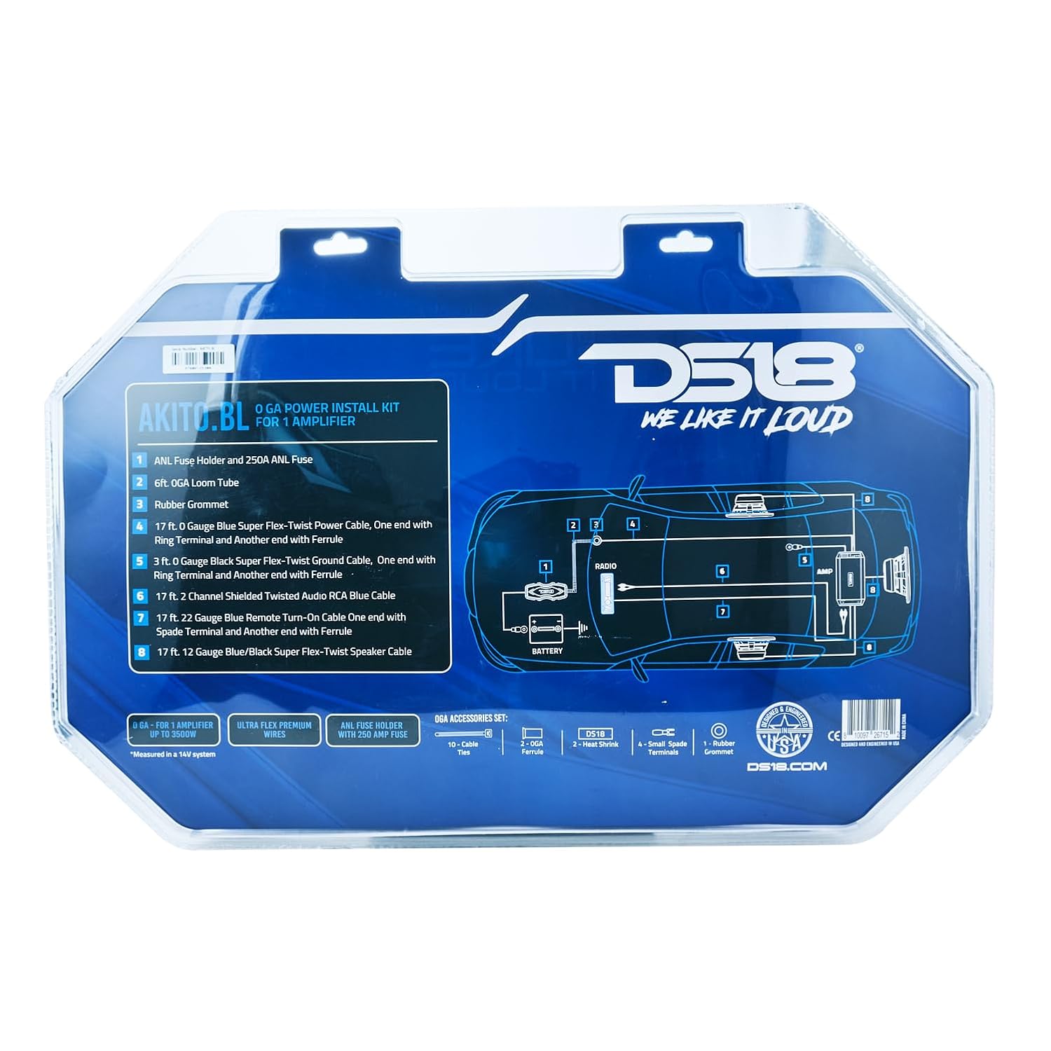 DS18 AKIT0.BL 0-GA Amplifier Installation Wiring Kit with Fuse Holder 250A, Up to 3500 Watts RMS, Ultra Flex Wire, Amp Wire Kit, Amp Wiring Kit 0 Gauge - Blue