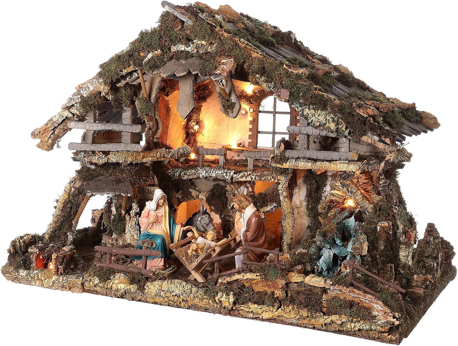Nativity Village, Stable with Waterfall and fire Pit 78x110x66cm, EmptyWidth: 110 cm|Height: 78 cm|Depth: 66 cm