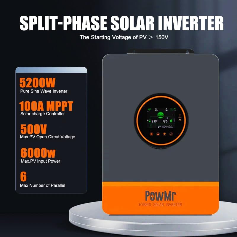 PowMr Solar Inverter 5200W 48Vdc to 110Vac, 5200W Split-Phase Solar Inverter Built-in 100A MPPT Controller | Max.PV Input 6KW 500VOC | Support 6 Units Parallel and Batteryless Run