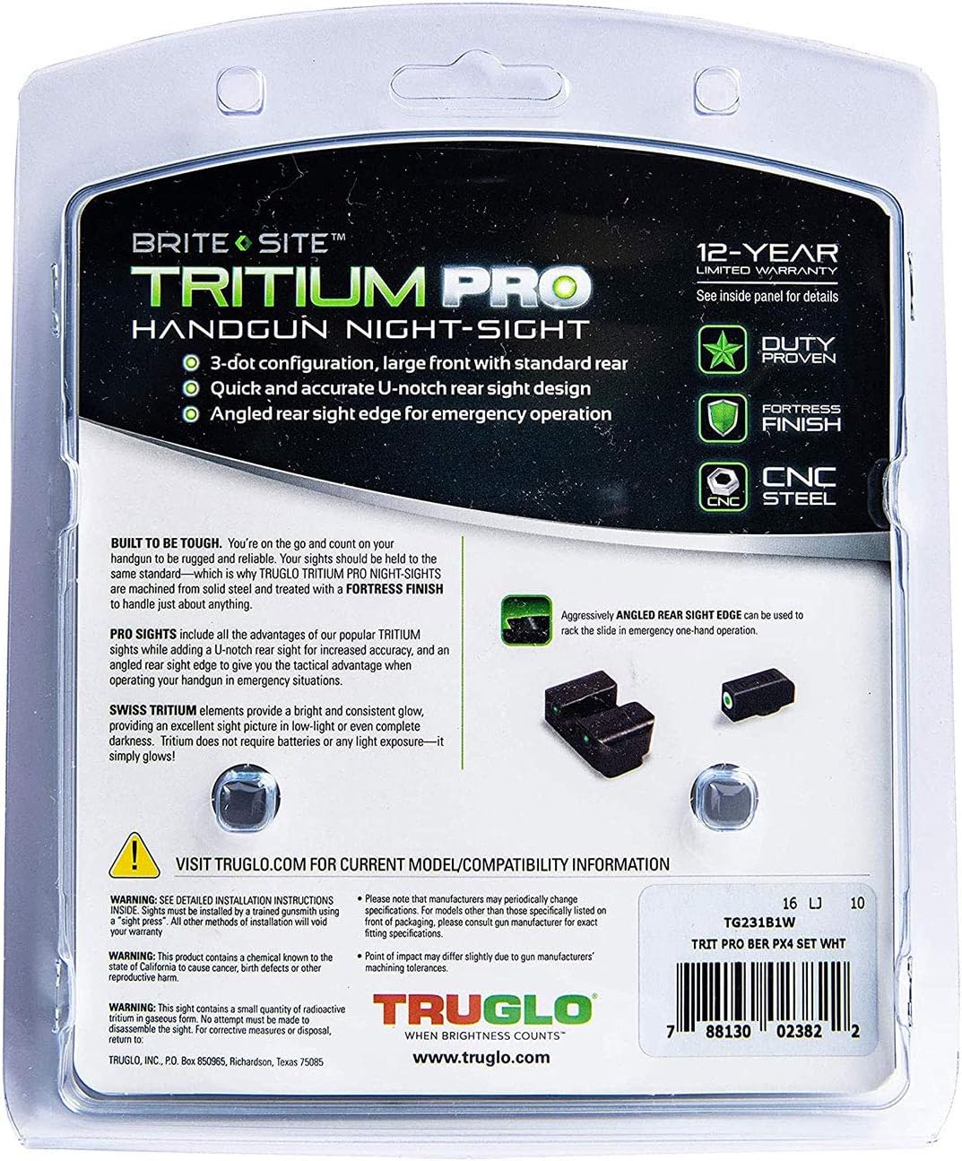 TruGlo Tritium Pro Glow in The Dark Gun Handgun Glock Pistol Laser Sight Accessories with Rear Colors for Beretta PX4 Storm and Green Light, Black