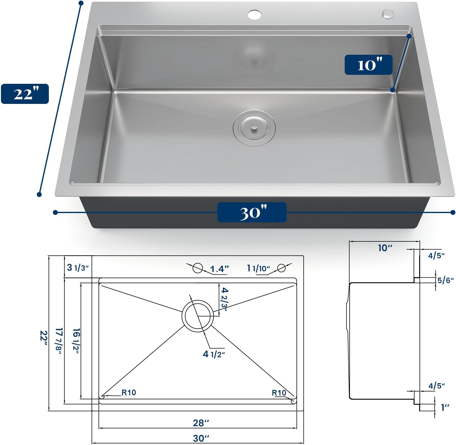30 x 22 Drop-In Workstation Kitchen Sink – 16 Gauge Stainless Steel Topmount Sink, 10