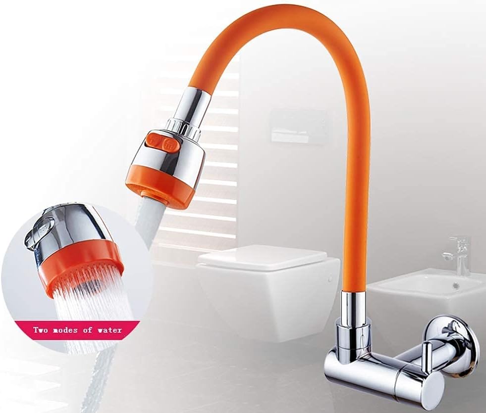 Faucets,in-Wall Single Cold Kitchen Mop Pool Taps Rotate Bending Dual Mode Nozzle Faucet Lengthen Hose Splash Water-Tap (White) (Orange)