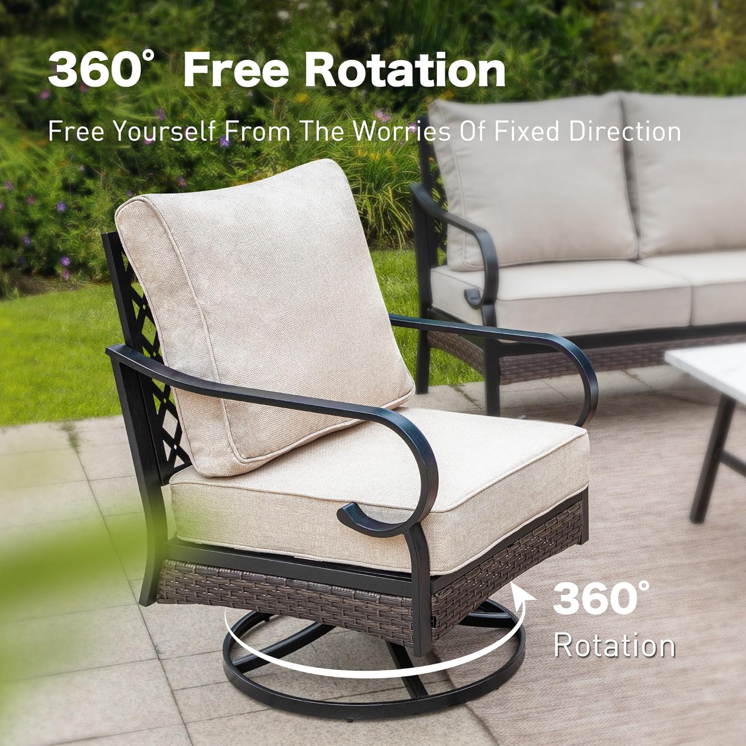 6 Piece Metal Outdoor Patio Furniture Sets with Firepit Table, Patio Conversation Sets 1 3-Seater Sofa, 2 Leg Chair and 2 Swivel Chair with 5.75