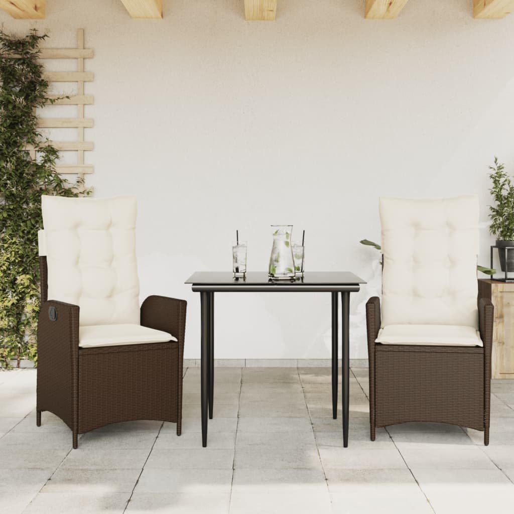 Furniture Sets 3 Piece Patio Dining Set with Cushions Brown Poly Rattan,Stylish Garden Dining Set with Adjustable Backrest Chair and Durable Tempered Glass Tabletop Garden Conversation Sets