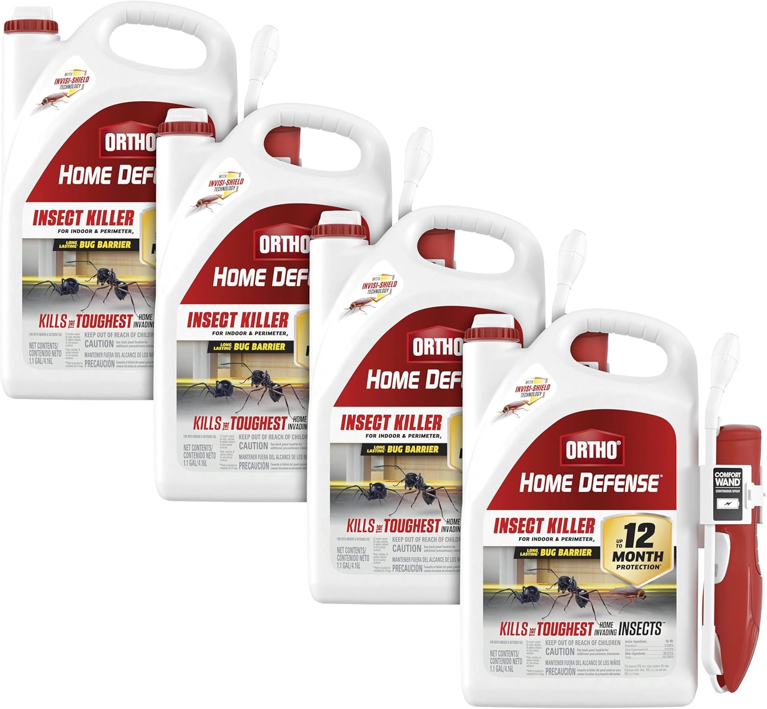 Ortho Home Defense Insect Killer for Indoor & Perimeter2: With Comfort Wand, Kills Ants, Cockroaches, Spiders, Fleas & Ticks, Odor Free, 1.1 gal., Pack of 4