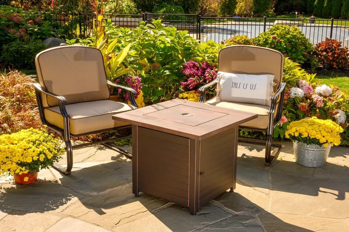 Endless Summer Bronze Finished Black Steel Base with Dark Wood Mantel Spencer LP Gas Outdoor Fire Pit, Comes with Black Fire Glass, Table Insert, and Protective Cover