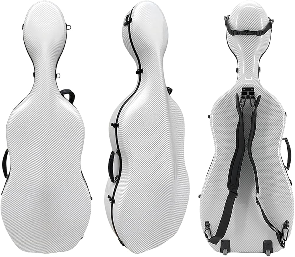 Carbon Fiber Cello Case 4/4 Full Size - Heavy-Duty Hard Shell with Bow Storage & Accessory Pockets | Fits Full Size Cello Protection for Musical Instrument Cases (White)