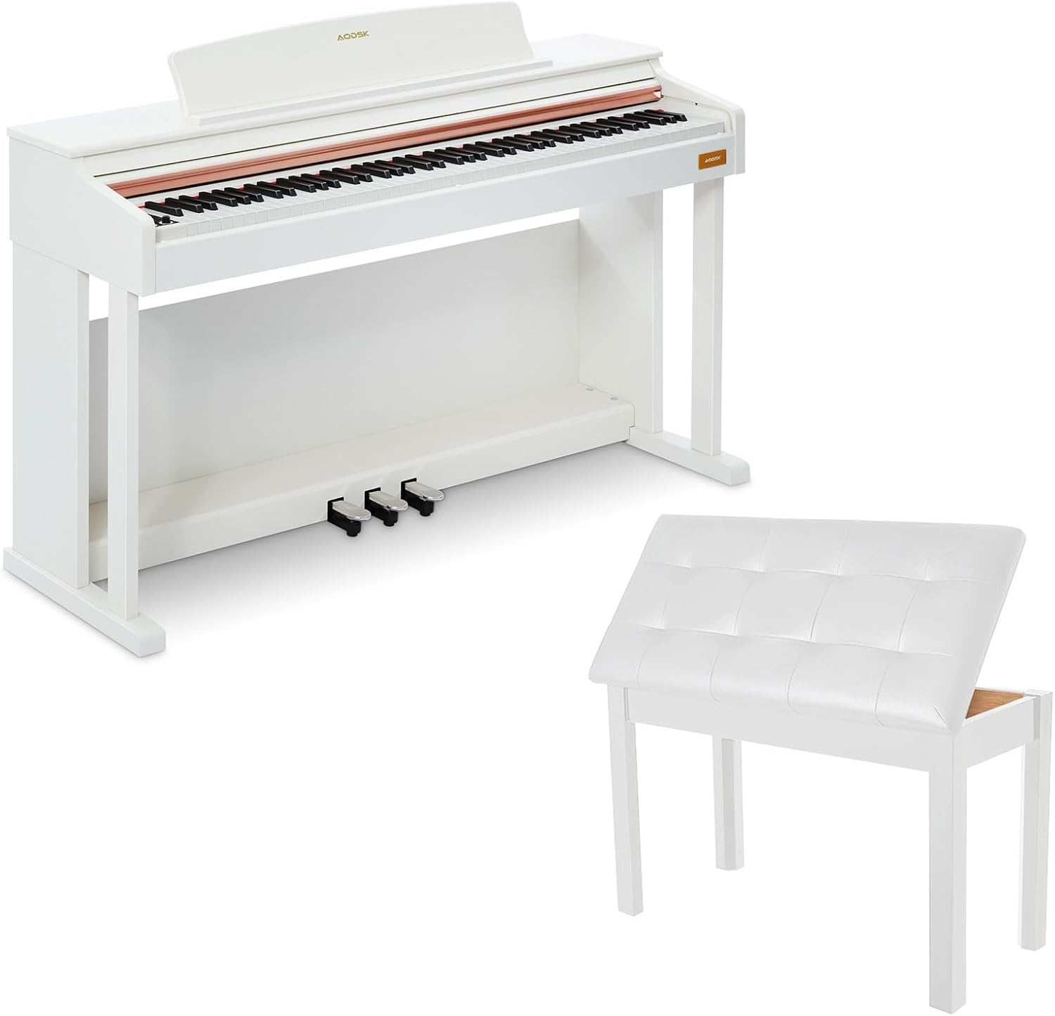 AODSK 88-Key Weighted Hammer Action Digital Piano & White Storage Bench Bundle w/Triple Pedal, Furniture Stand, Key Cover, Lessons & Duet Piano Stool