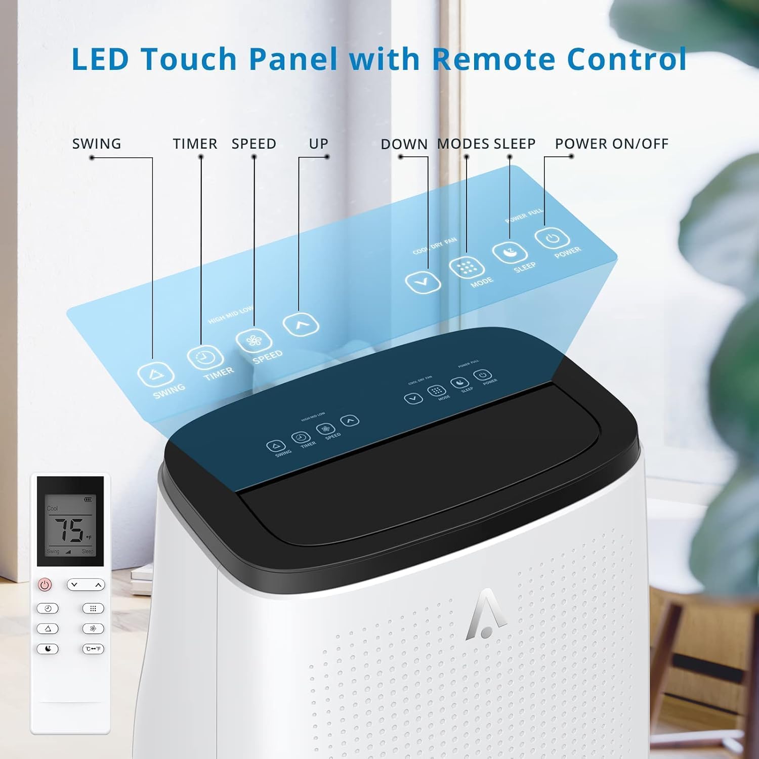 14,000 BTU Portable Air Conditioner with Remote - 3-in-1 Fast Cooling, Dehumidifier & Fan for Large Rooms (750 Sq.Ft), Auto Swing, 24H Timer, Low Noise Design - Home & Workplace Use