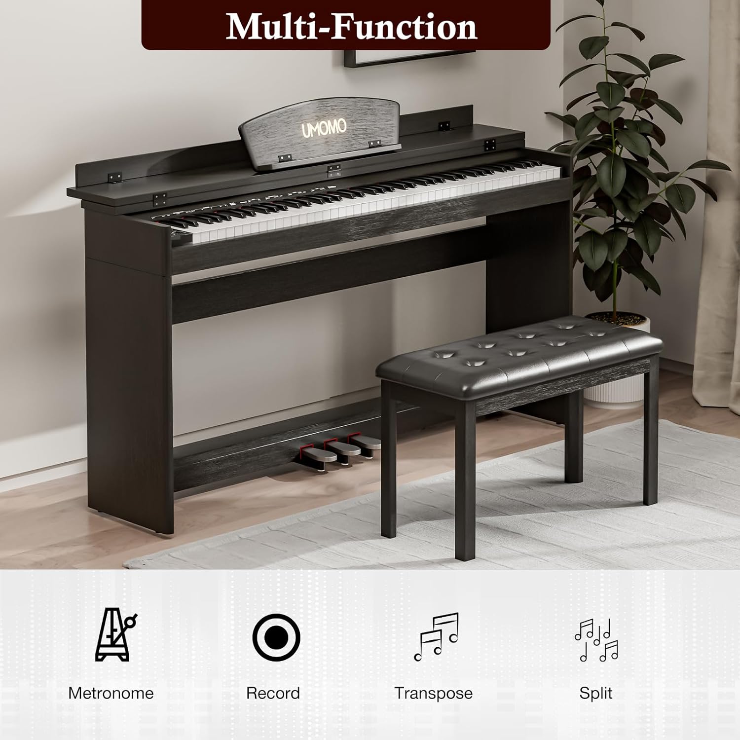 UMOMO 88 Key Full Size Digital Piano Electric Keyboard with Piano Bench, Music Stand+Power Adapter+3-Pedal Board+Instruction Book+Headphone Jack for Beginner/Adults, Black