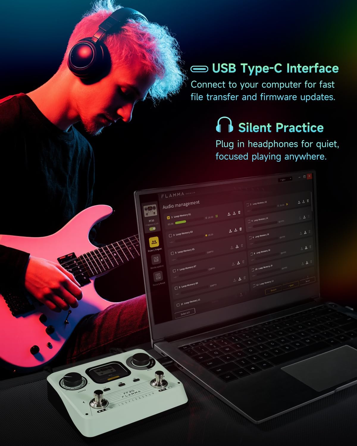 FLAMMA FF20 Looper Pedal Drum Machine, Drum Looper Guitar Pedal with Screen, 300 Min Recording, 220 Drum Grooves, 100 Loop Slots, Time Stretch, Auto Record, USB & Headphone Out, for Guitar and Bass