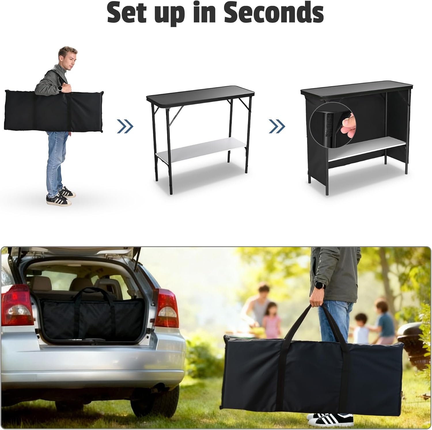 EZ GO 2 Pcs Portable Bar Table Folding Pop up Bar Mobile Bartending Station with Carry Bag Black Skirt for Wedding Camping Tradeshow Tailgate Party Events Outdoor 39