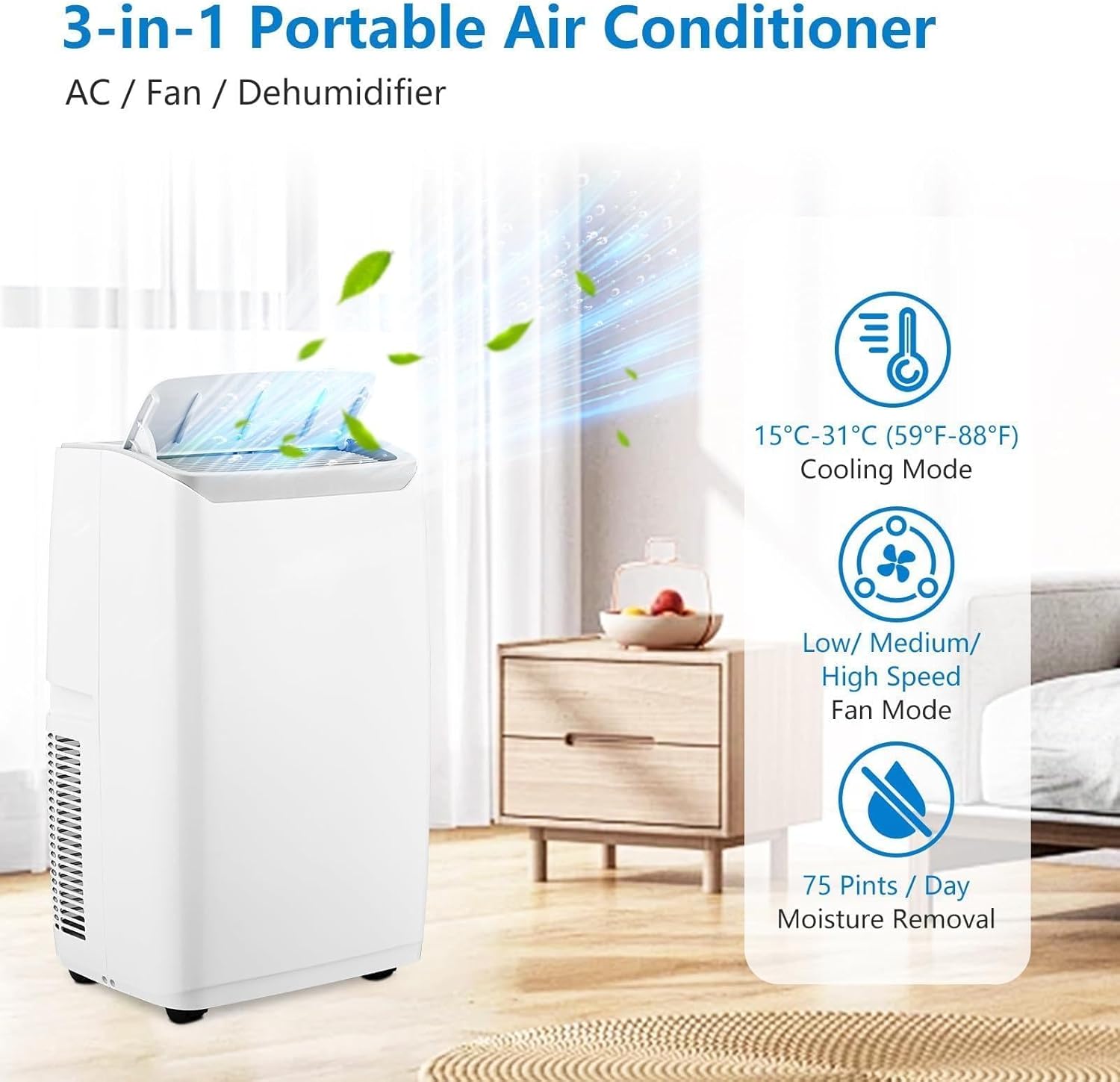 3-in-1 Portable Air Conditioner - 14000 BTUs, Cools Rooms up to 750 Sq.Ft., Dehumidifier & Fan Modes, Remote Control, Quiet Operation, Smart/Sleep Mode, 24H Timer