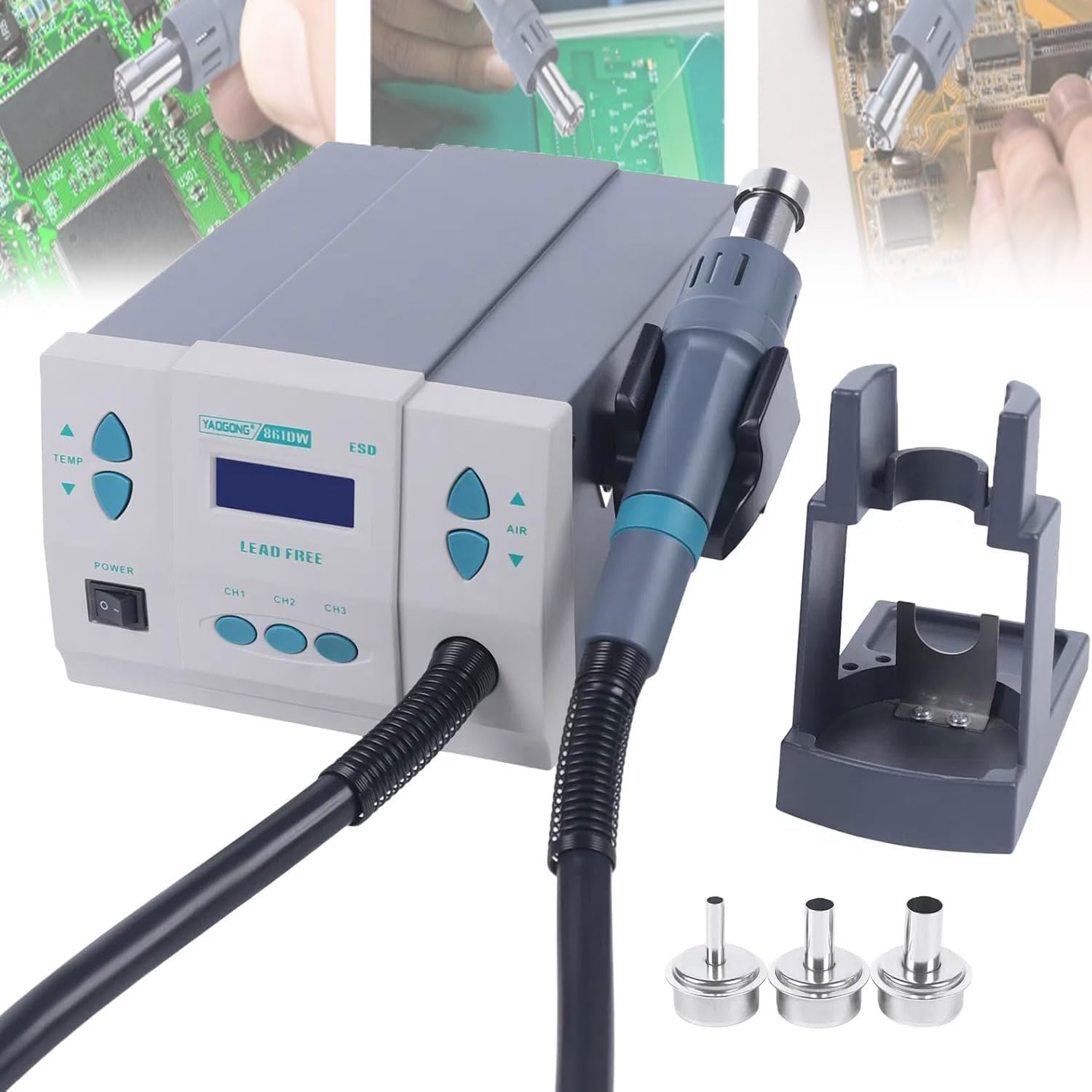 250cm/s hot air welding station, 1000W industrial-grade rework station, with LCD display, brushless DC eddy current fan,for electronic product repair and desoldering