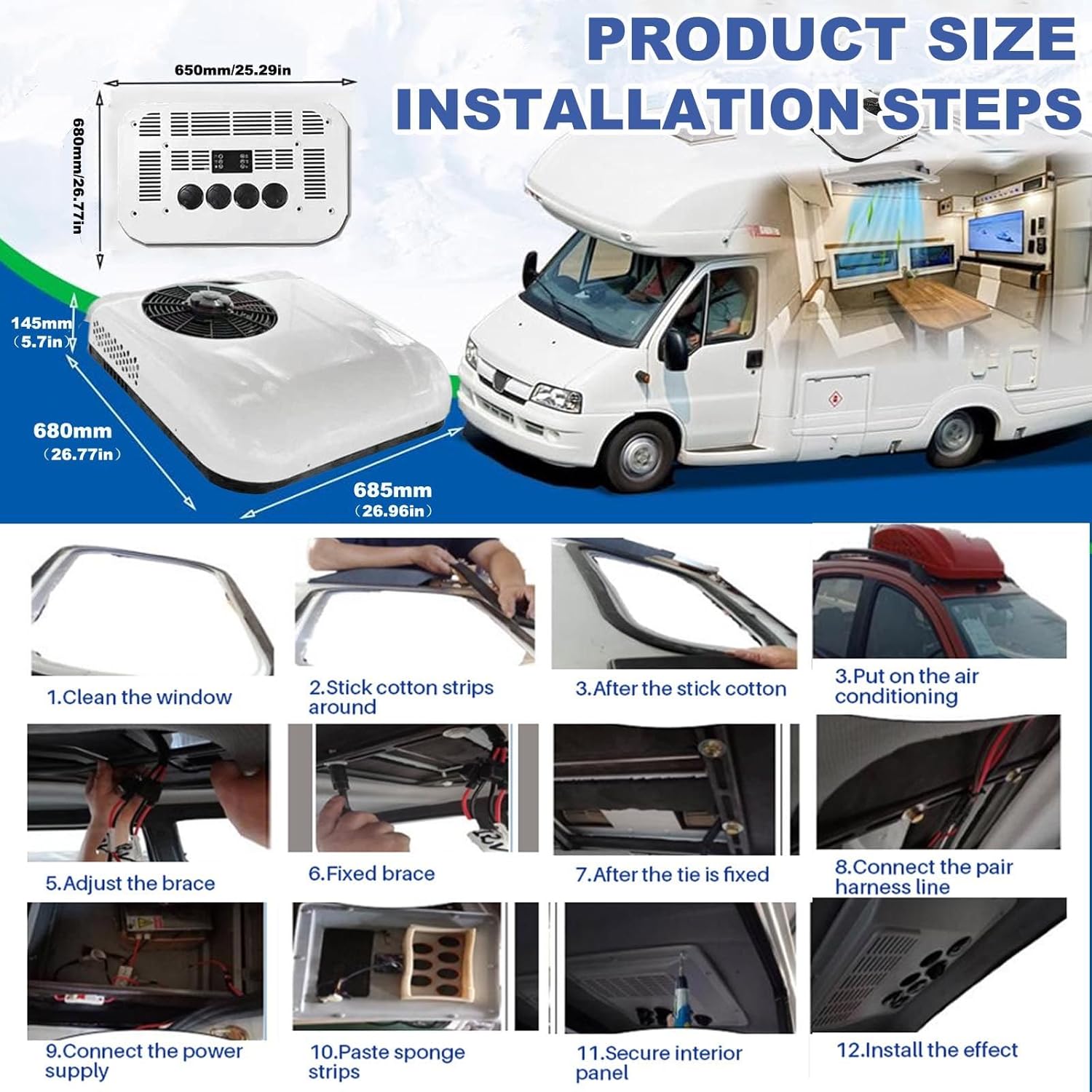 12v/24v Rv Air Conditioner, Truck/Car Electric Roof Ac-Only Cooling/Cooling+Heating,Light & Portable,Minimum Opening Size: 25 * 41cm,Working Area: 6-8 Square Meters In The Cab,WhiteCool+Heat24v