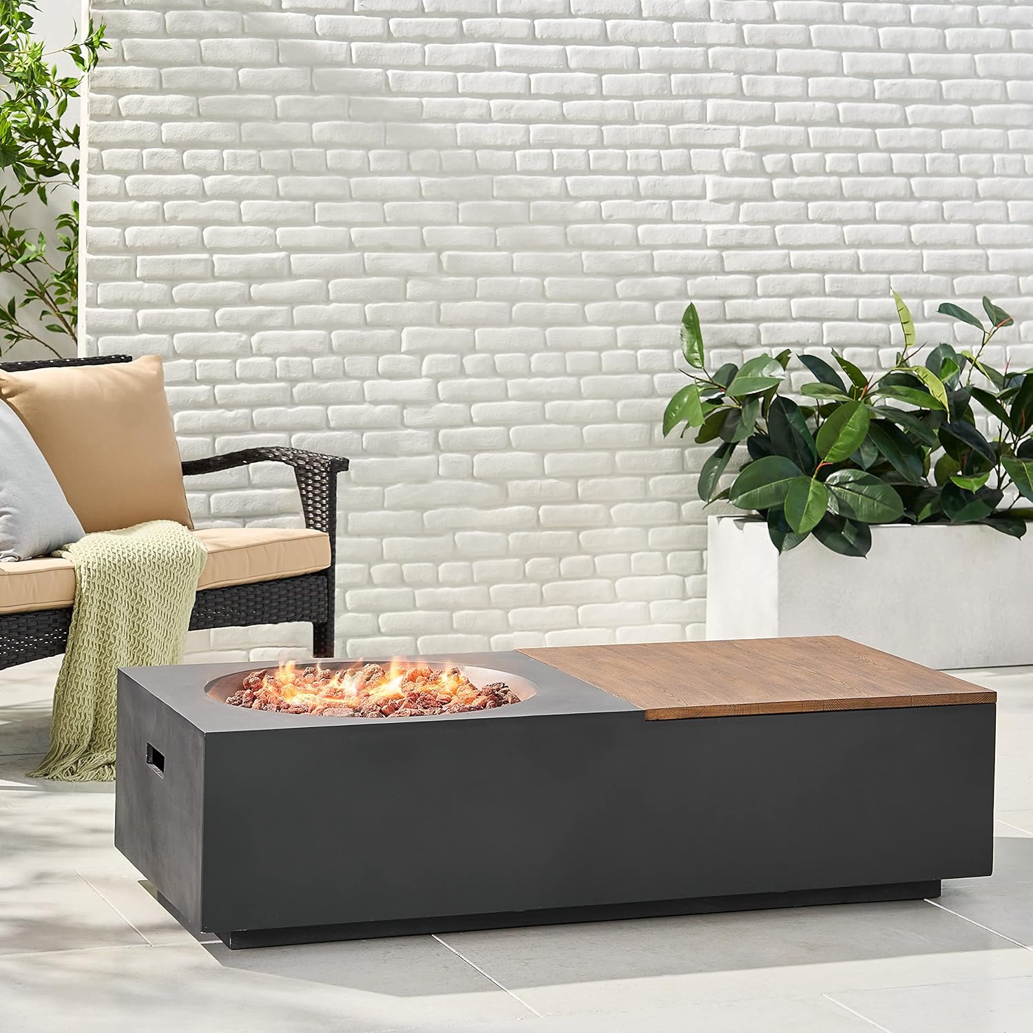 Outdoor 50,000 BTU Lightweight Concrete Rectangular Fire Pit Table with Storage, Dark Gray and Natural Brown (Tank Cover not Included)