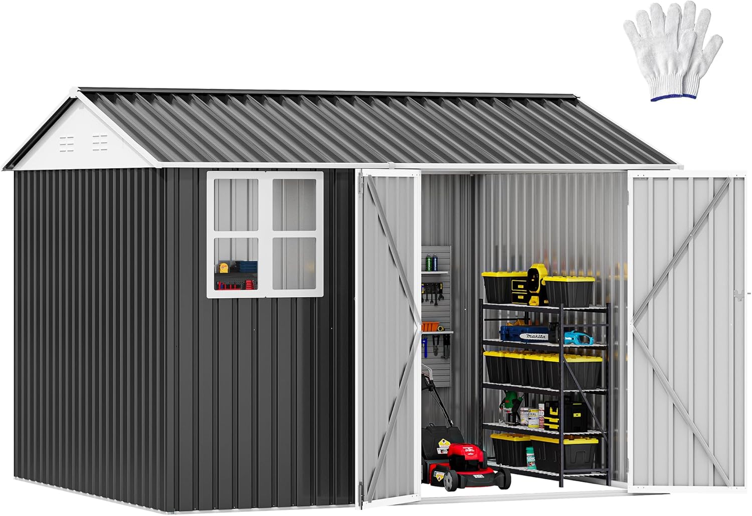 DWVO 10x8ft Large Tool Storage Shed with Window, Lockable Doors, and Sloped Roof, Oversized Steel Outdoor Storage Shed for Garden, Patio, Garage, Backyard, Lawn - Dark Gray