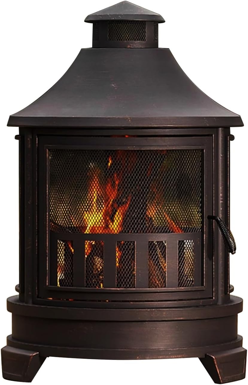 Metal Chiminea Fire Pit with Grill, 2 in 1 Outdoor Fire Pit, Camping Stove with Adjustable Grill Tray & Spark Screen Door, for Garden, Backyard, BBQ