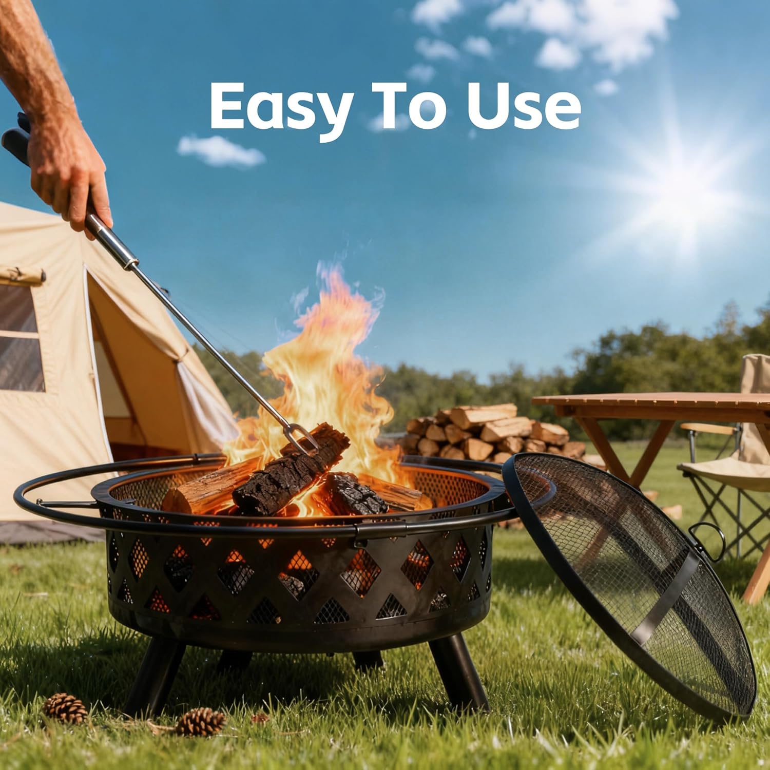 Smug 30 Inch Round Fire Pit, Wood Burning Fire Pits for Outside with Spark Cover Fire Poker, Outdoor Firepit for Patio, Backyard, Garden, Bonfire Party