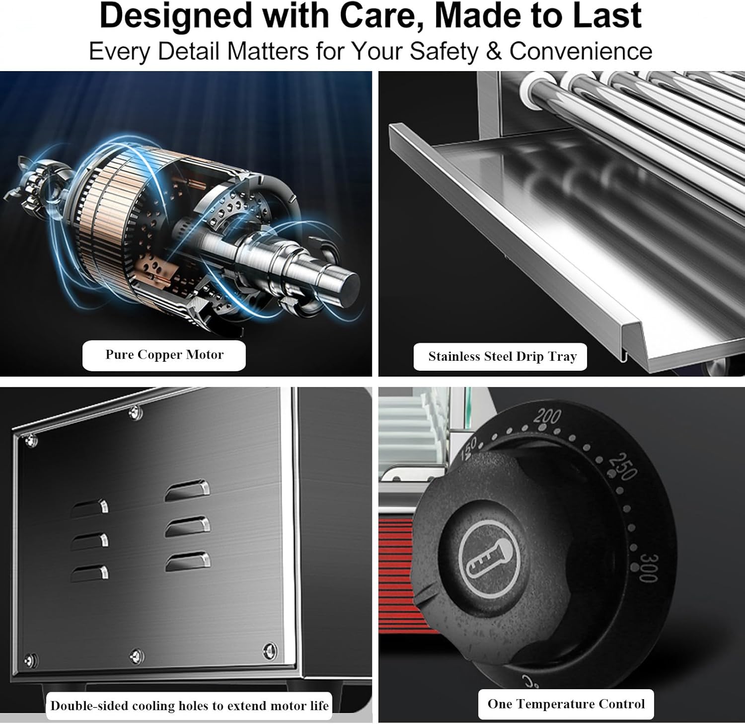 Commercial Hot Dog Roller Machine - 5 Roller Electric Grill with 16 Hot Dog Capacity, 750W Stainless Steel, Removable Drip Tray