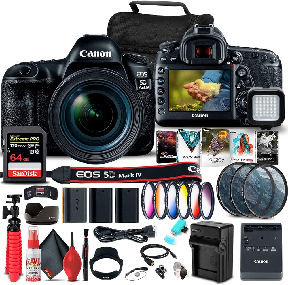 Canon EOS 5D Mark IV DSLR Camera with 24-70mm f/4L Lens (1483C018) + 64GB Memory Card + Color Filter Kit + Filter Kit + 2 x LPE6 Battery + External Charger + Card Reader + LED Light + More (Renewed)
