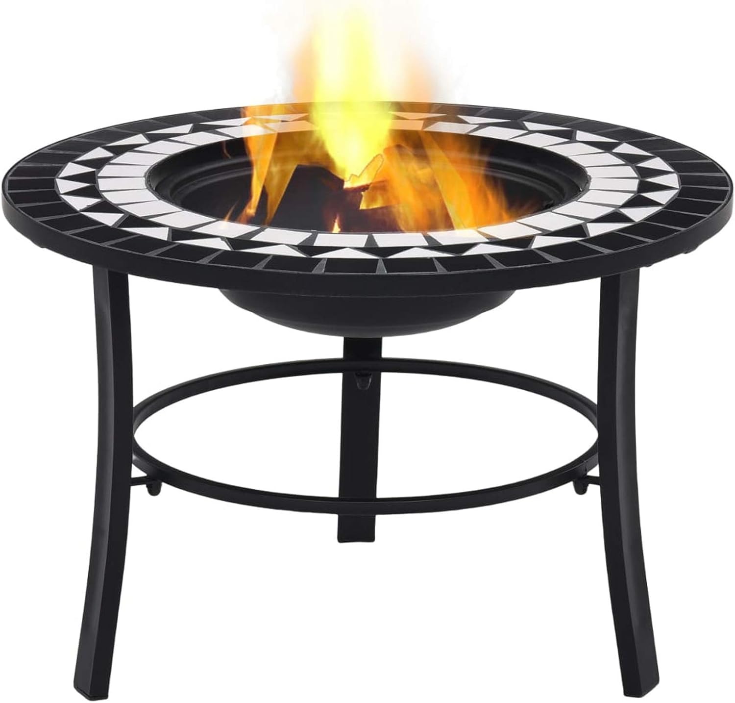 Mosaic Fire Pit, Black and White Ceramic Fire Bowl with Tabletop, 26.8 Inch Steel Fire Pit for Garden and Patio