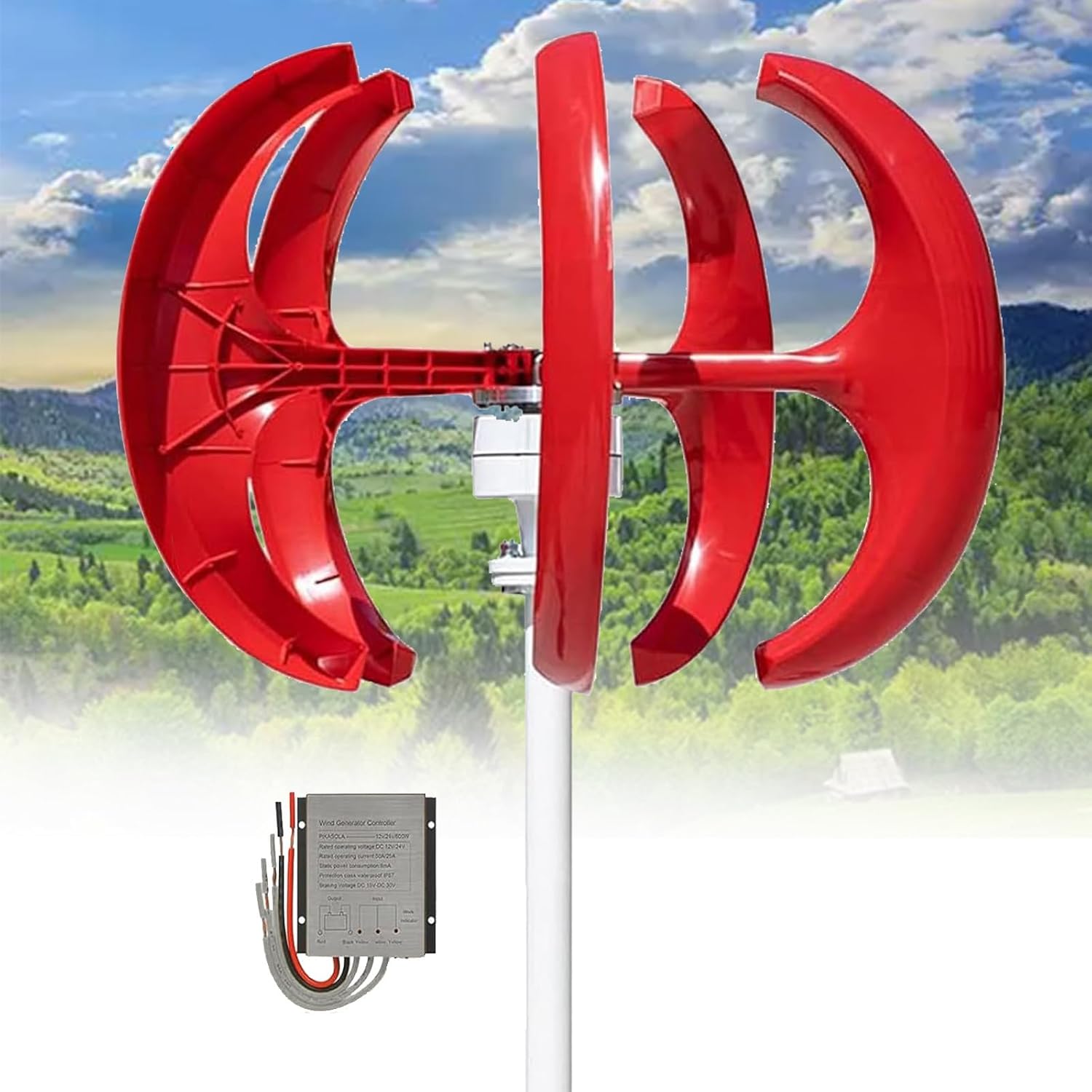 16000W Wind Turbines Generator, 5 Blades 12V 24V 48V Vertical Axis Wind Turbines Generator Kit for Home Hybrids Streetlight Use, Electromagnetic Electricity Producer Equipment(Red,48V)