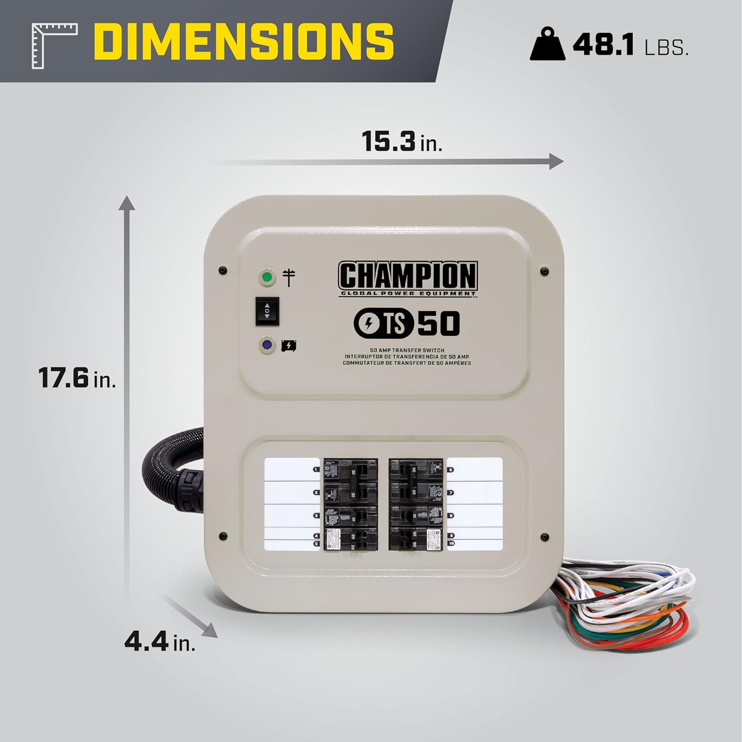 Champion Power Equipment 50-Amp Indoor-Rated Manual Transfer Switch with 30-Foot Generator Power Cord and Weather-Resistant Power Inlet Box