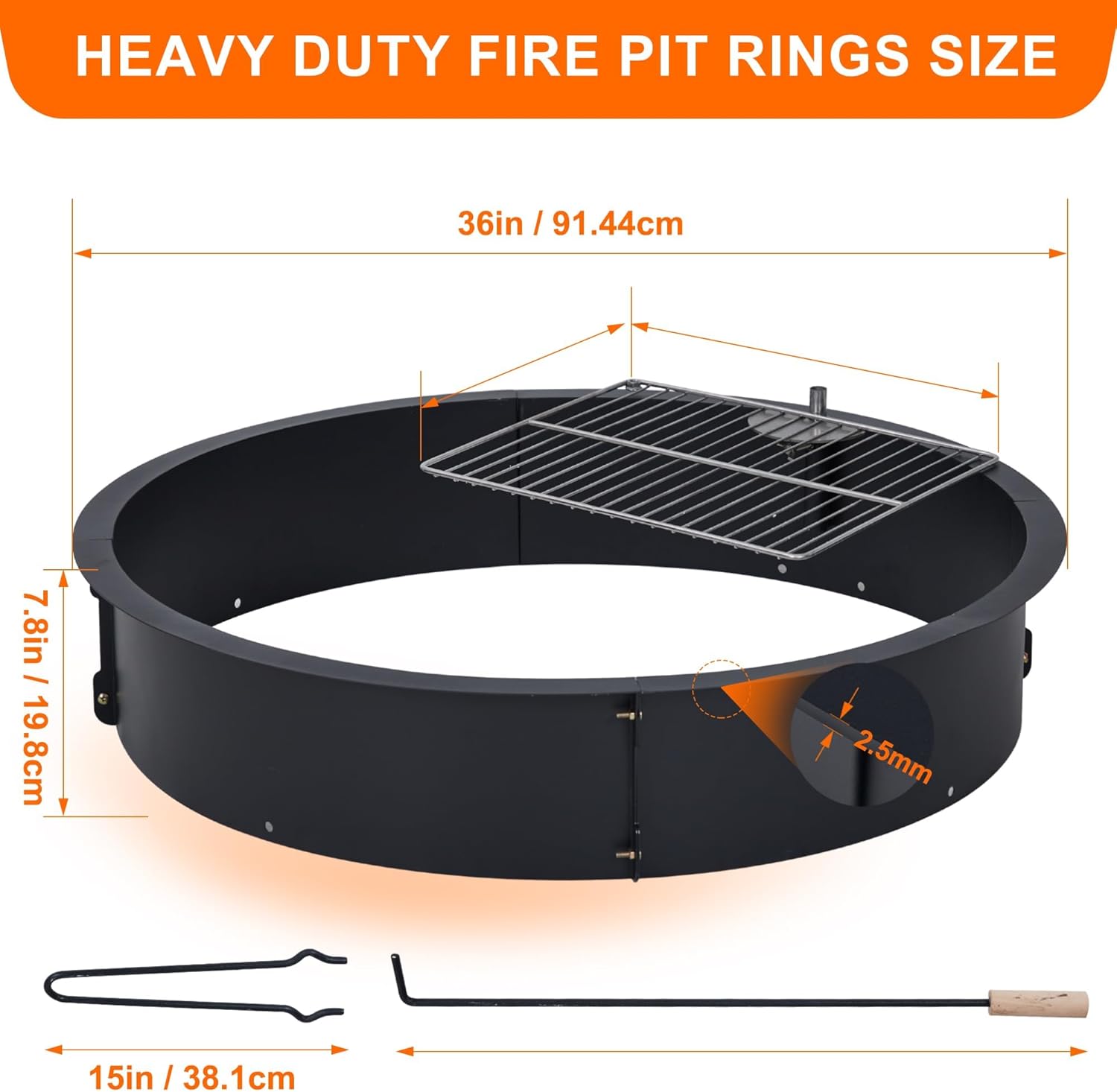 36 inch Fire Pit Ring for Outside, Heavy Duty Metal Steel Round Firepit Rim Insert for DIY Fire Pits, Outdoor Above or In-Ground, Camping Garden Patio Backyard