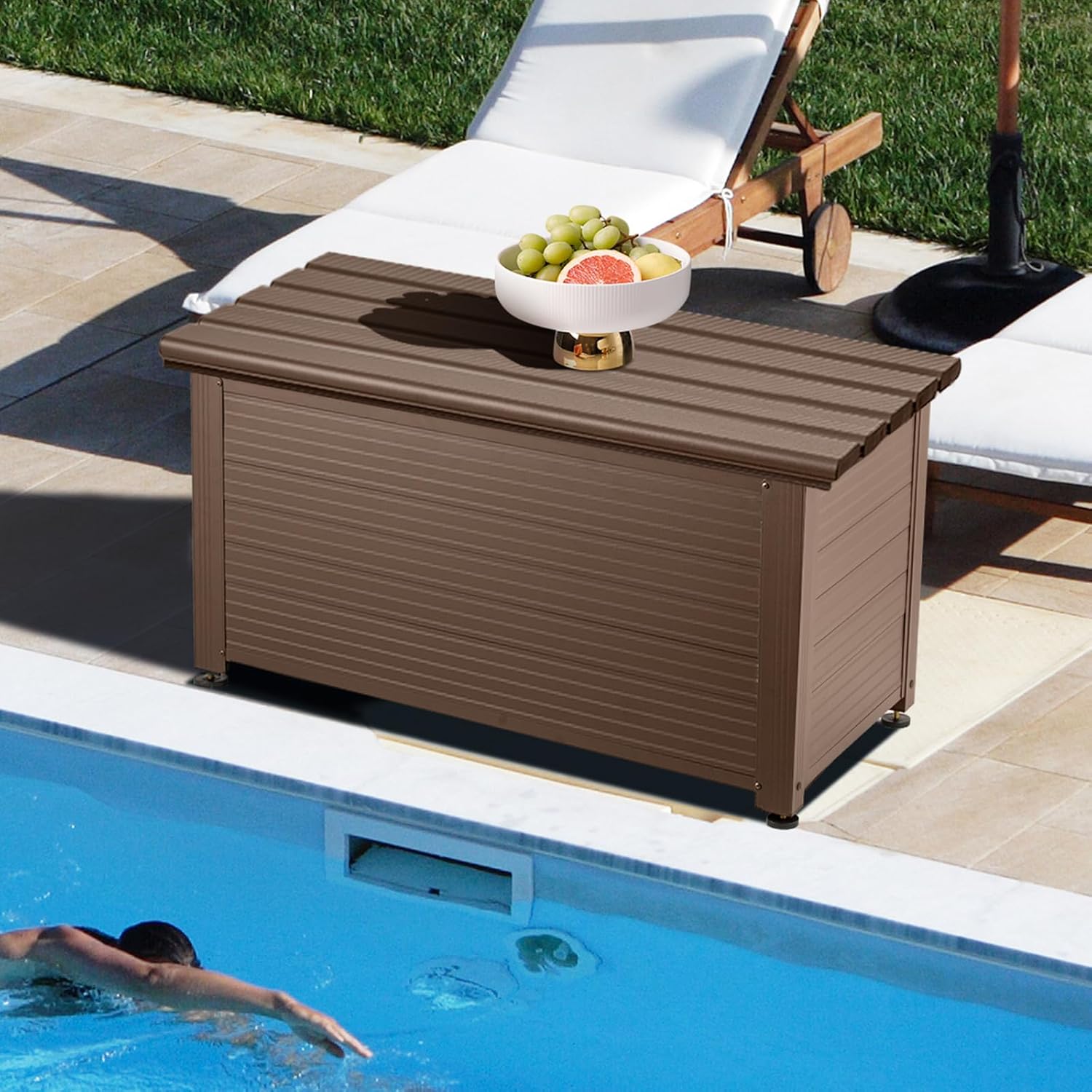 221 Lbs Bearing Capacity Aluminum Deck Box, 2-Tier Lock Outdoor Storage Box, Surface Sun Protection Coating With Flip-Top Air Pump for Silent Opening & Adjustable Feet