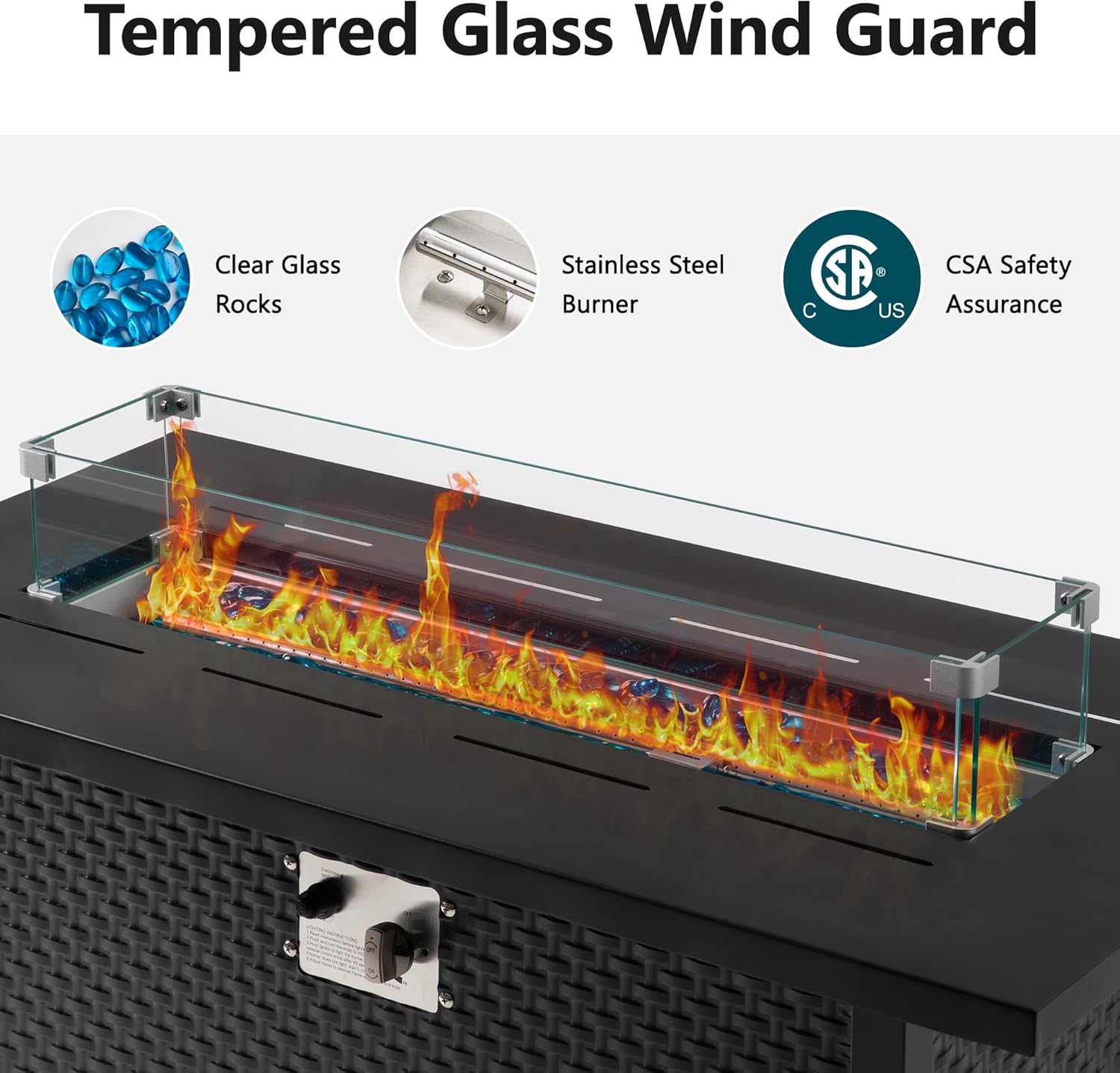 45 Inch Outdoor Propane Fire Pit Table with 200D Oxford Fabric Table Cover，50,000 BTU Gas Fire Pits for Outside Patio with Clear Blue Glass Wind Guard,Patio Fire Pit Table Iron Tabletop&Frame，Black