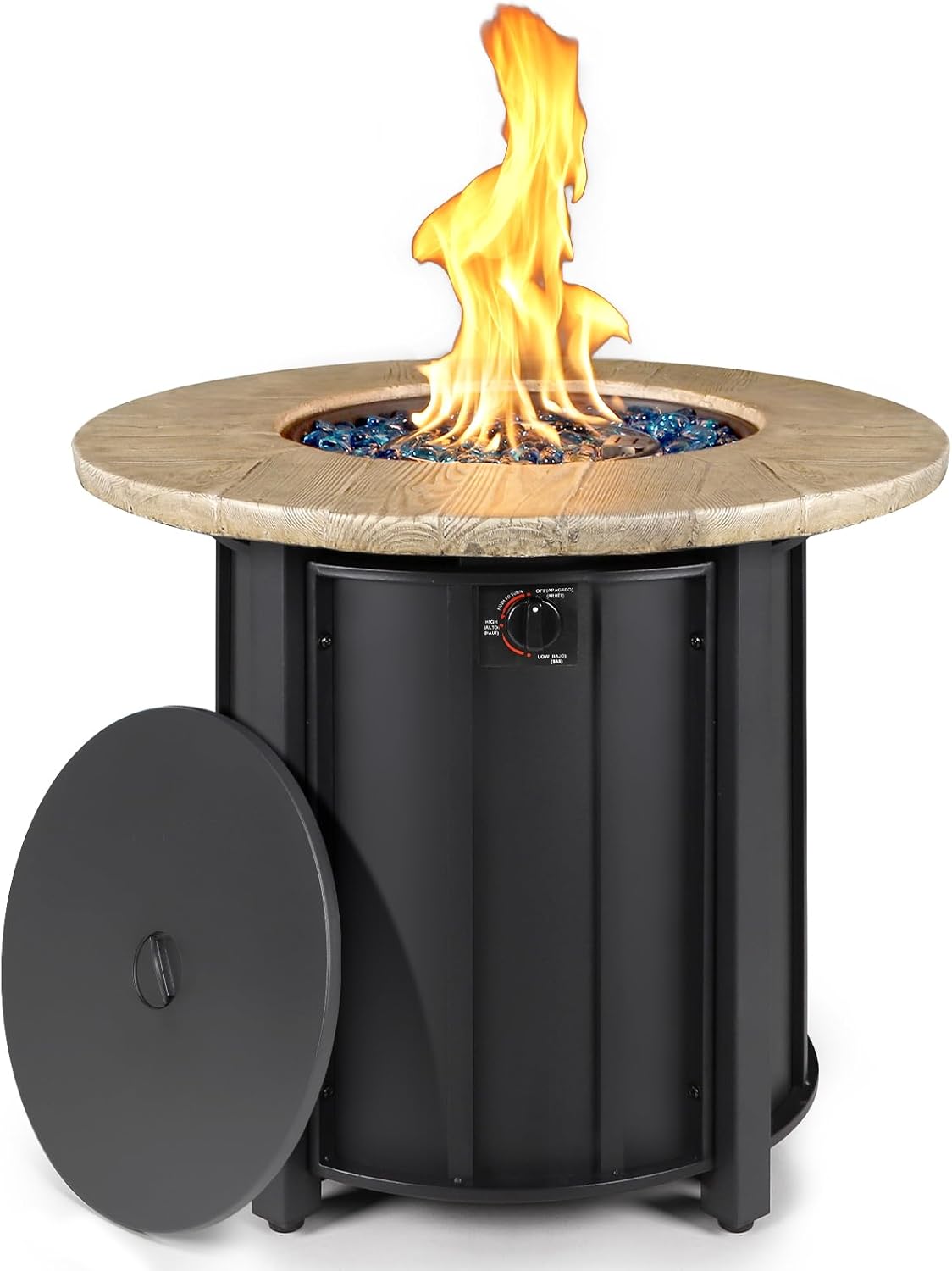 30 Inch Round Propane Fire Pit Table,50000 BTU Outdoor Gas Firepit with Automatic Ignition & Lid Cover,Iron Steel Firepit for Outside,Patio,Deck,Backyard w Glass Stones & Rain Cover