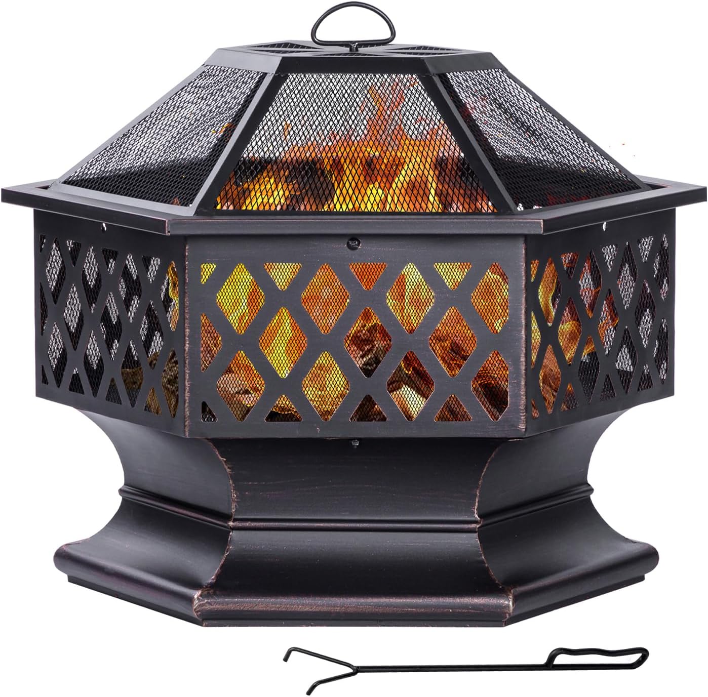 28Inch Outdoor Fire Pit, Hexagon Shaped Wood Burning Firepit for Outside Bonfire, Patio, Backyard and Camping (Antique Bronze)