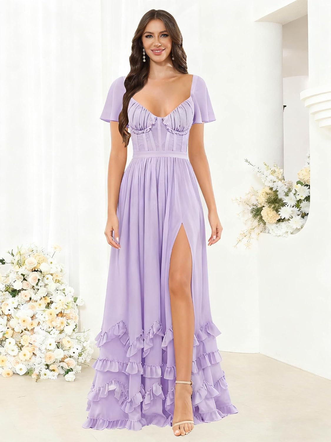 BOLENSYE Bridesmaid Dresses for Women with Sleeves A Line Tiered Chiffon Long Formal Wedding Guest Dress with Slit