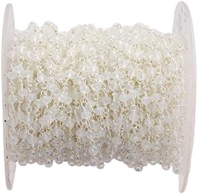 white opalite gemstone faceted beads, 3-4 mm rondelle beads, silver plated chain, wire wrapped beaded chain. (hrcs-37)