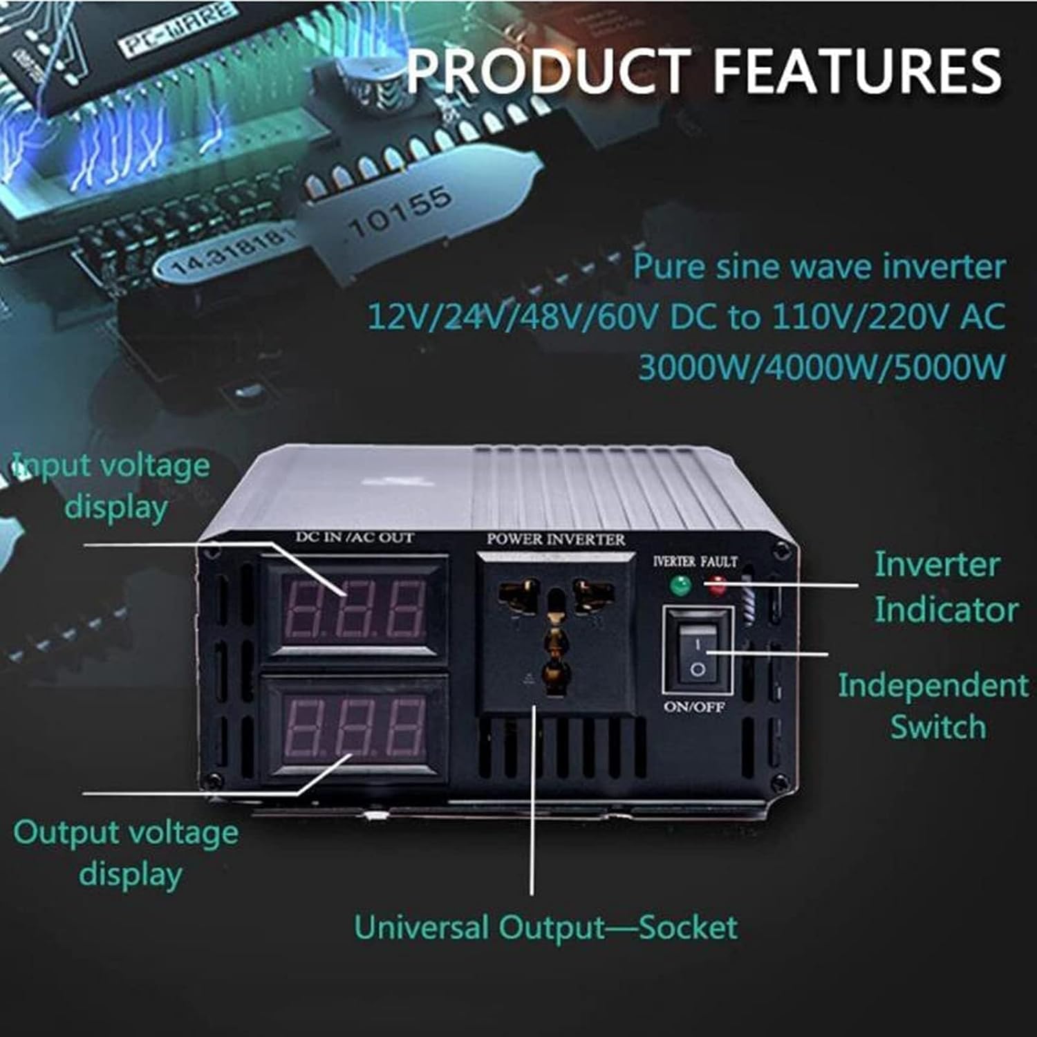Power Inverter DC 12V 24V 48V 60V to AC 110V 220V Car Inverter Car Adapter Car Power Inverter Converter with AC Outlets/Smart Color Screen 5000W-48Vto110V 4000W-48Vto220V(5000w,48Vto220V)