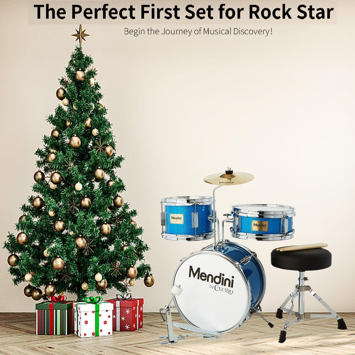 Mendini By Cecilio Drum Set, 3 Piece Junior Drum Set for Beginners with Bass Tom Snare Drum, 13 inch Drum Kit with Snare, Cymbal, Drumsticks, Adjustable Seat (Sky Blue)