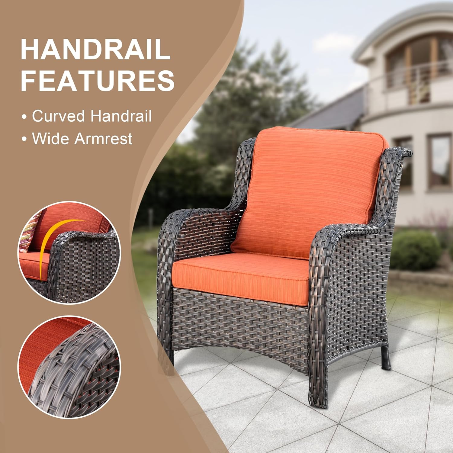 HOOOWOOO Patio Outdoor Furniture Set with Propane Fire Pit Table,9 Piece High Tilt Back Wicker Couch Sofa Set with Swivel Chair, Outside All Weather Conversation Seating Set w Ottoman(Orange Red)