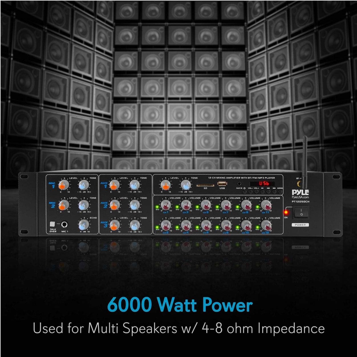 Pyle 12 Channel Power Amplifier w Bluetooth Wireless- 600W Max Power Rack Mount Amplifier with Multi-Zone Sound Mixer–RCA, USB and AUX inputs-Great for Restaurant, Theater, Studio or Stage- PT12050CH