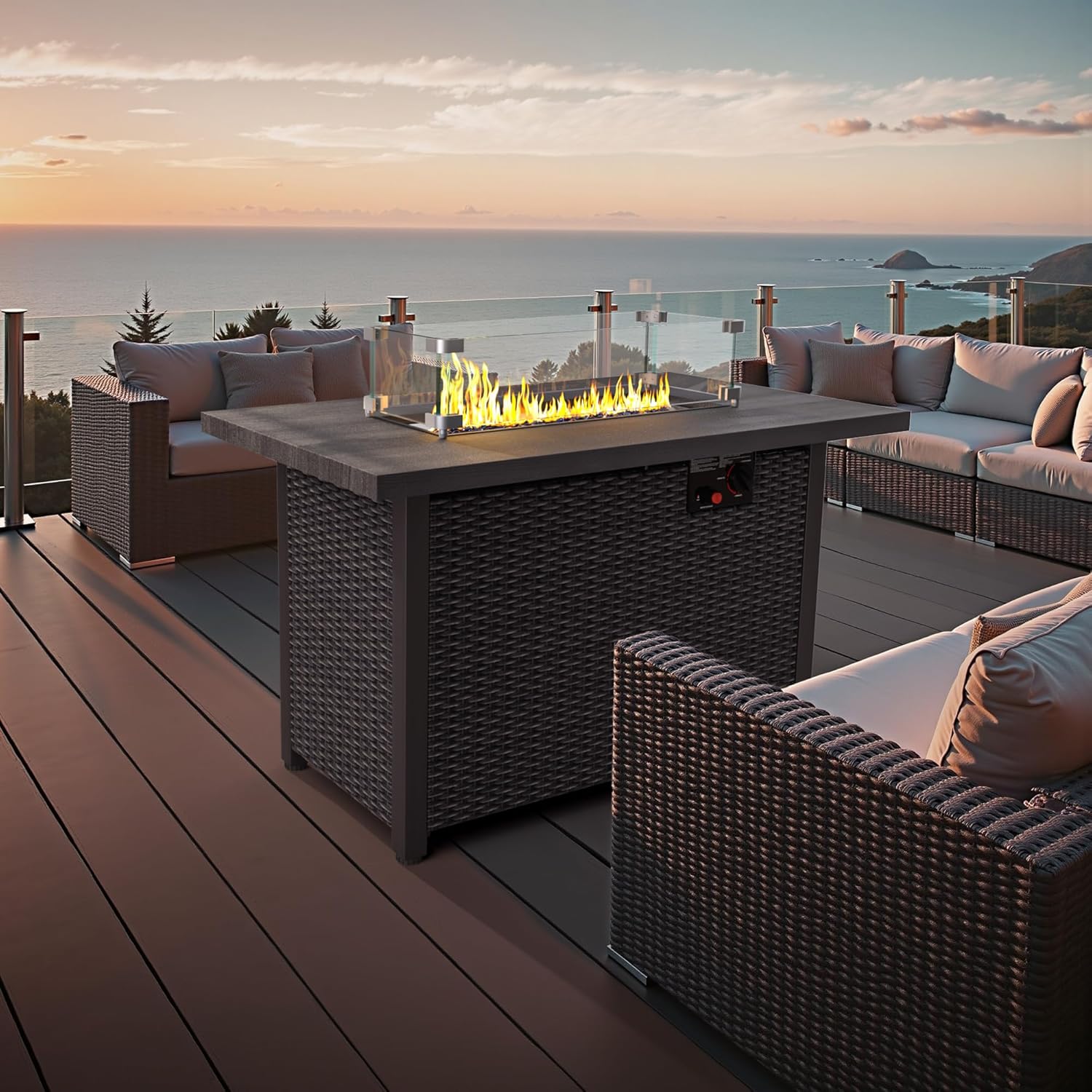 GOJOOASIS Outdoor Fire Pit Table 42 Inch Patio Propane Fire Pit Wicker Rattan 50,000 BTU Auto-Ignition Gas Pit for Outside Black Without Glass Wind Guard