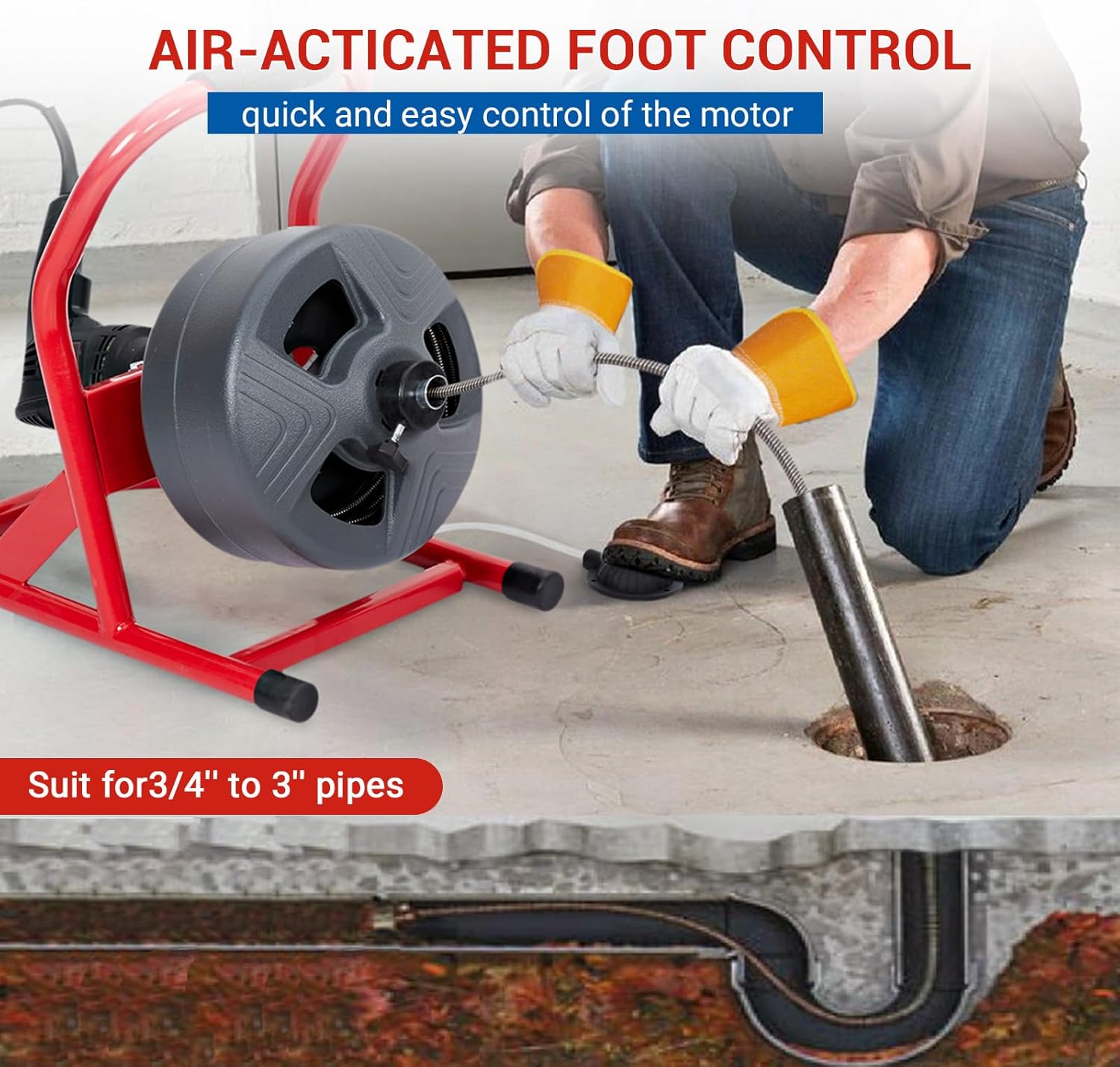 50 ft x 5/16 in Drain Cleaner Machine Professional for 3/4 in - 3 in Pipes, Foot Switch with 6 Cutters, Glove, Drain Auger Cleaner Sewer Snake for Bethroom/Kitchen Drains