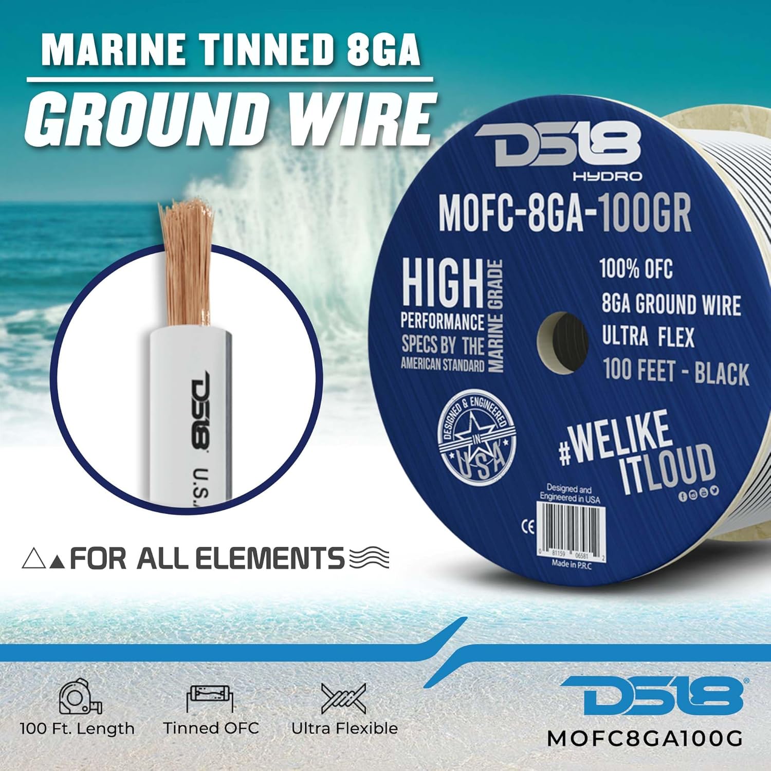 DS18 MOFC8GA100G DS18 MOFC8GA100G Marine Grade 8GA Black & White - Amplifier, TV Home Theater and Car Stereo Power/Ground Wire 100 Feet UltraFlex Cable