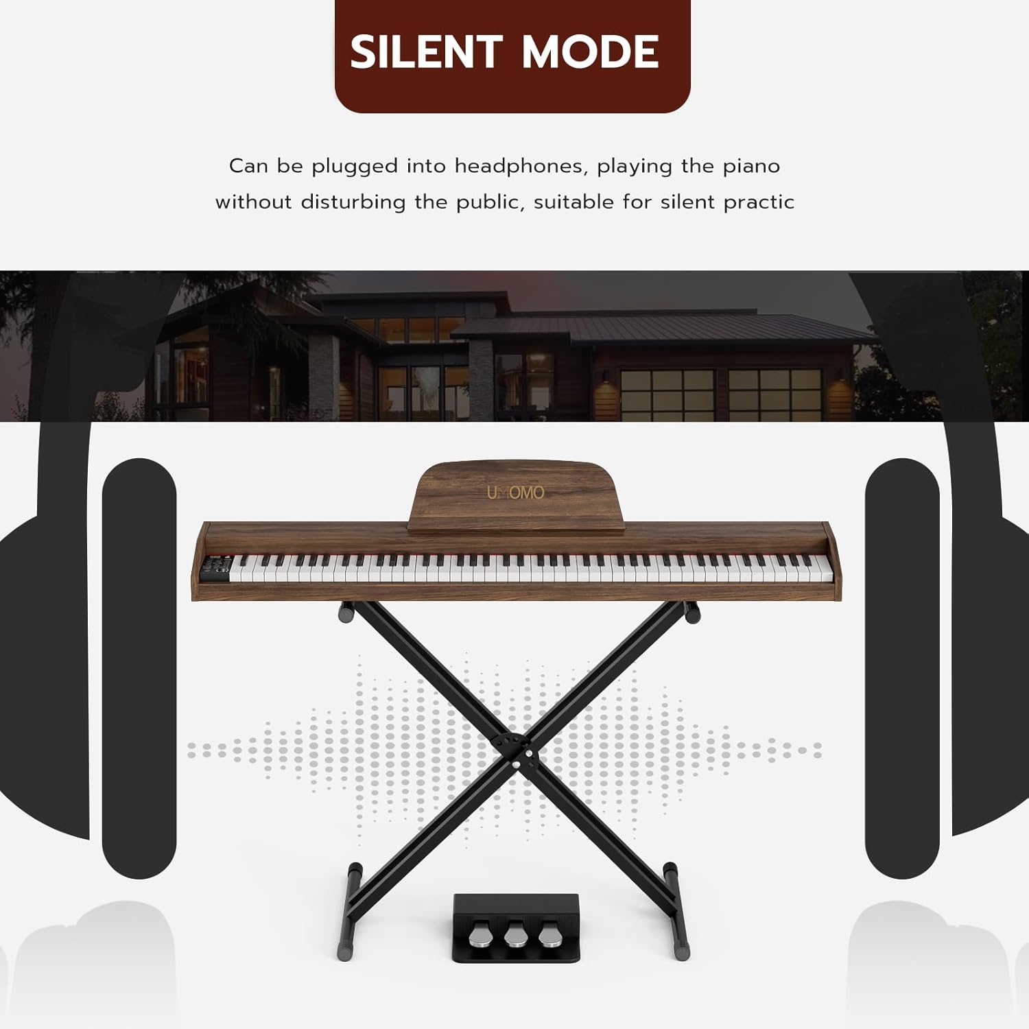 UMOMO U-723 88 Key Digital Piano Keyboard with Piano X Stand, Full Size Electric Piano with Headphone, 3 Pedal, Electronic Piano for Beginner, Adults, Walnut