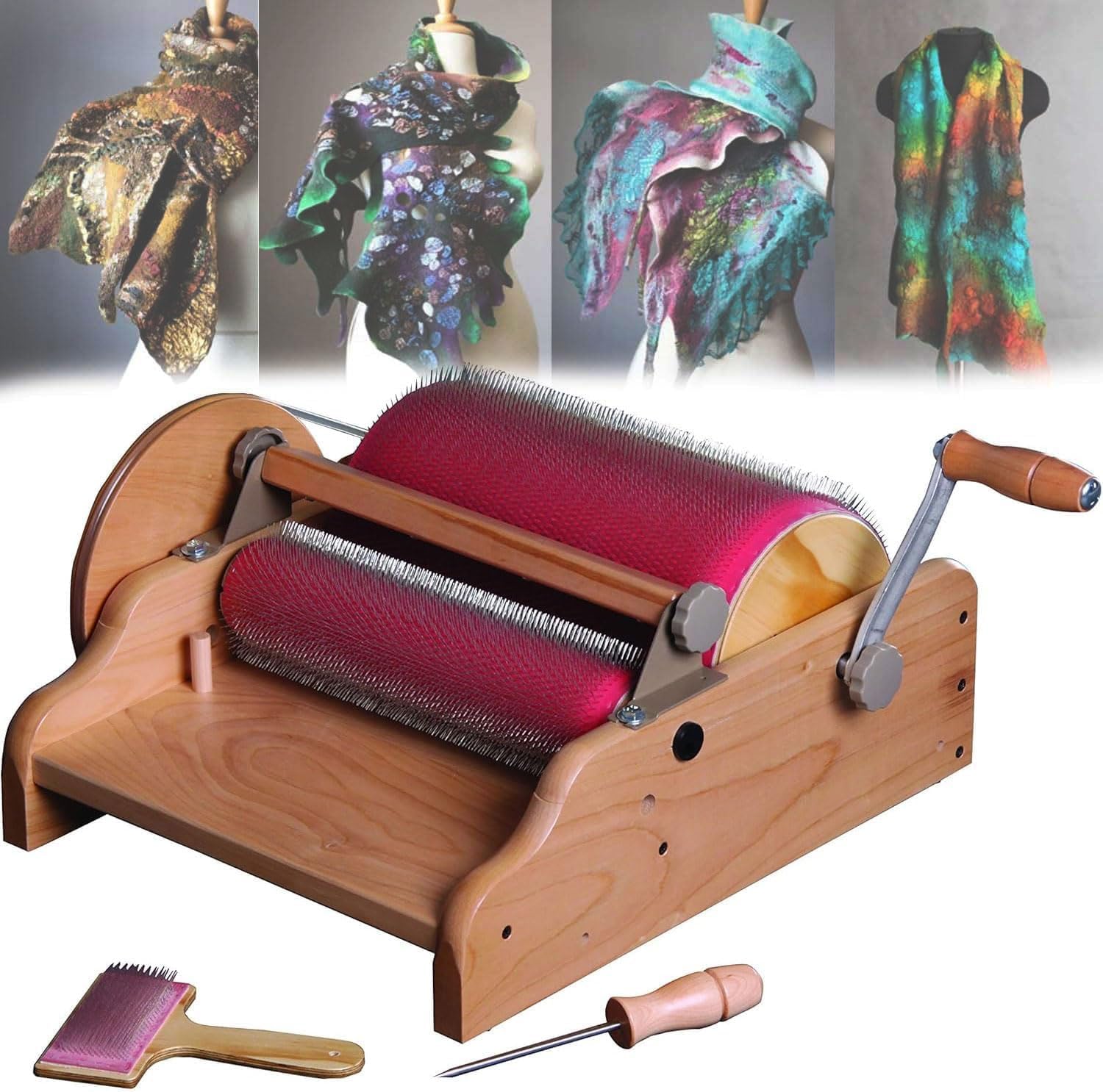 Wide Drum Carder, Manual Carding Machine, Wool Blending Board Carding Brush Set with Cleaning Brush, Awl, Adjustable Roller Gap& Tooth Pitch Can Be Set, Facilitate Carding for Artistic Creation