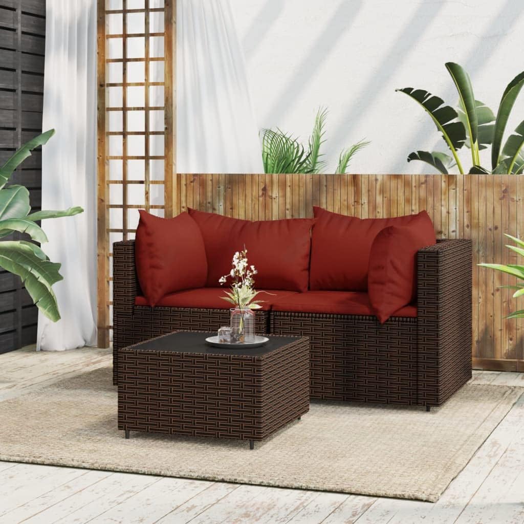 3 Piece Patio Lounge Set with Cushions Brown Poly Rattan, Outdoor Patio Lounge Set in Brown with Red Cushions for Dining and Relaxation Patio Furniture & Accessories, Outdoor Seating