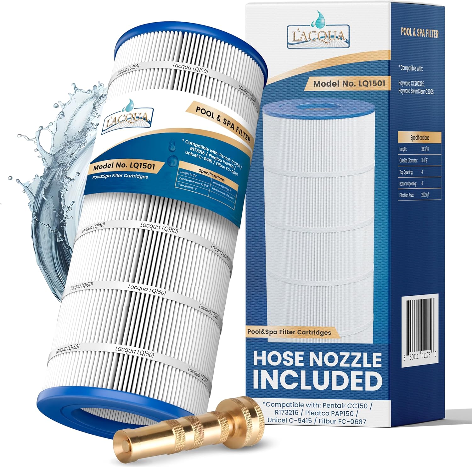 LACQUA Pool Filter Cartridge LQ1501 150 SqF Replaces Pentair Clean & Clear 150, CC150, CCRP150, Posi Clear PXCRP150, R173216, PAP150, PP-C4-M, C4-M, Unicel C-9415, FC-0687, Hose Nozzle Included