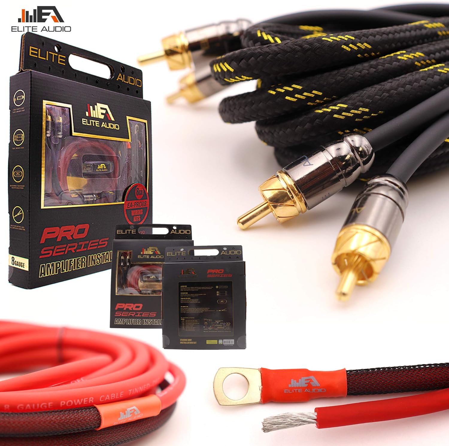 Elite Audio EA-PROK8 + EA-PRO617 Pro Series Amplifier Wiring Kit Bundle with 6-Channel RCA Combo - 1000W Max Power, 8GA, Cable, Dual RCA Sets, ANL Fuse and Holder