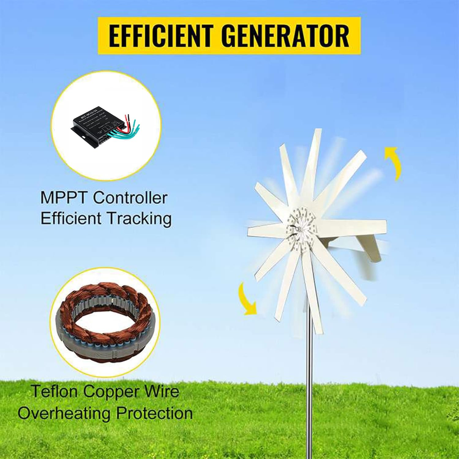 Wind Turbine Generator Kit 12V 24V 48V 8000W Wind Power Generator Kit with 10 Blades for Generator System Vertical Axis Wind Turbines Motor with MPPT Controller